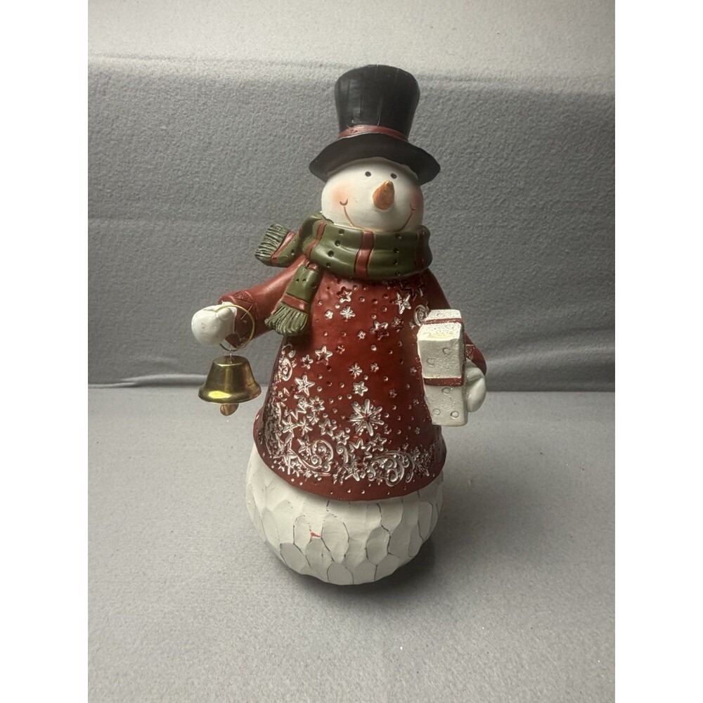 Snowman Holding Present And A Bell Christmas Winter Figurine